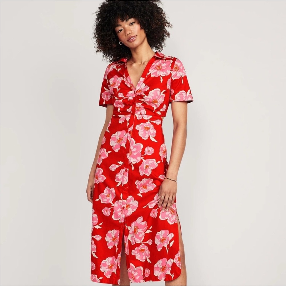 Old Navy Dress Women’s Medium Cutout Midi Shirt Dress Button Up Pink Red Floral. - Picture 2 of 7